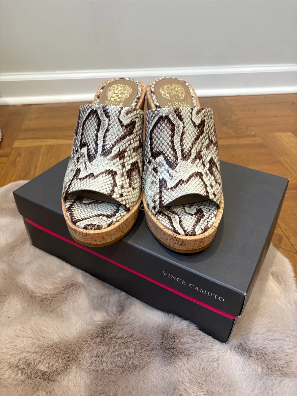 Vince Camuto Snake-Print Cork Wedge Sandals - Beige/Brown